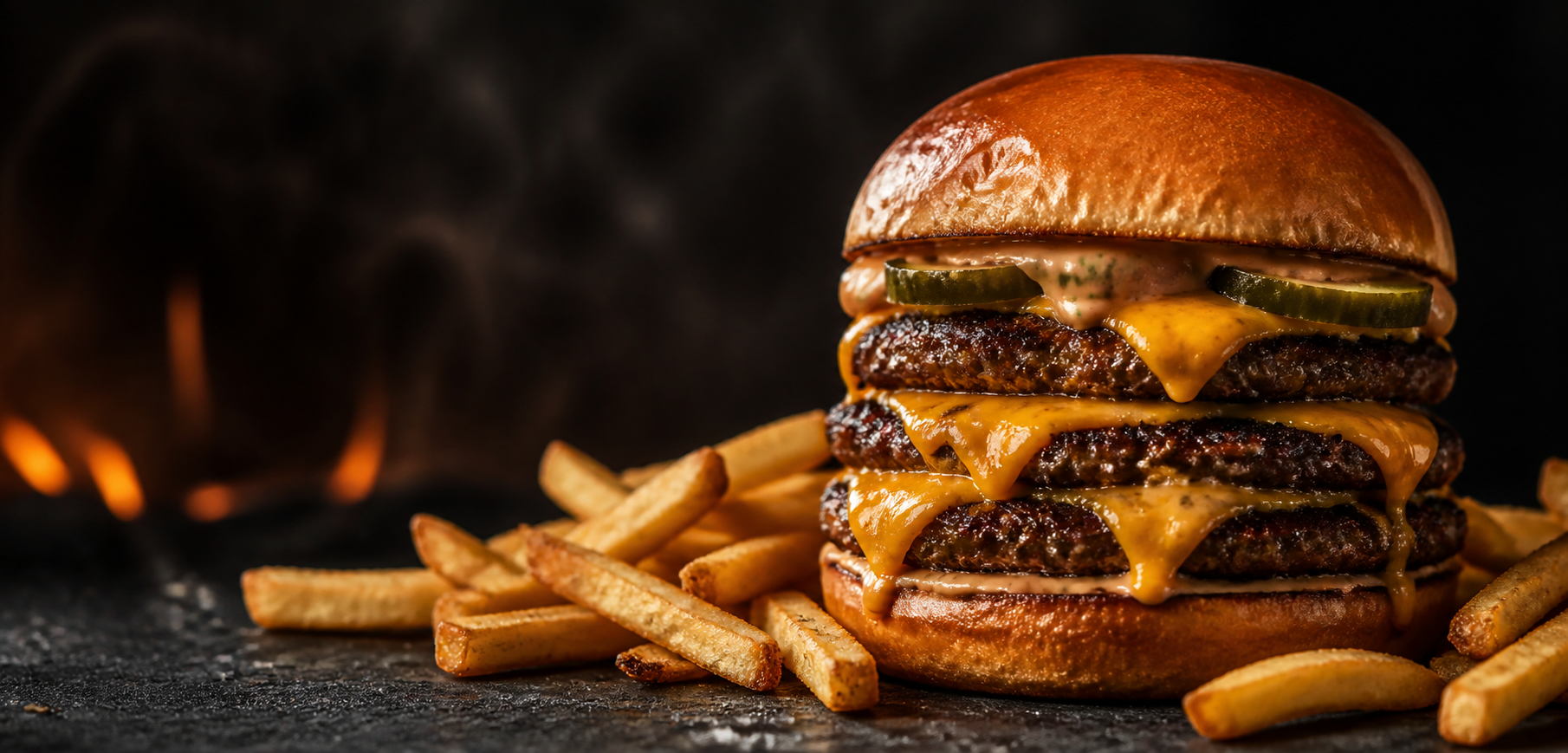 Triple-patty grilled beef burger with melted cheese and scattered fries
