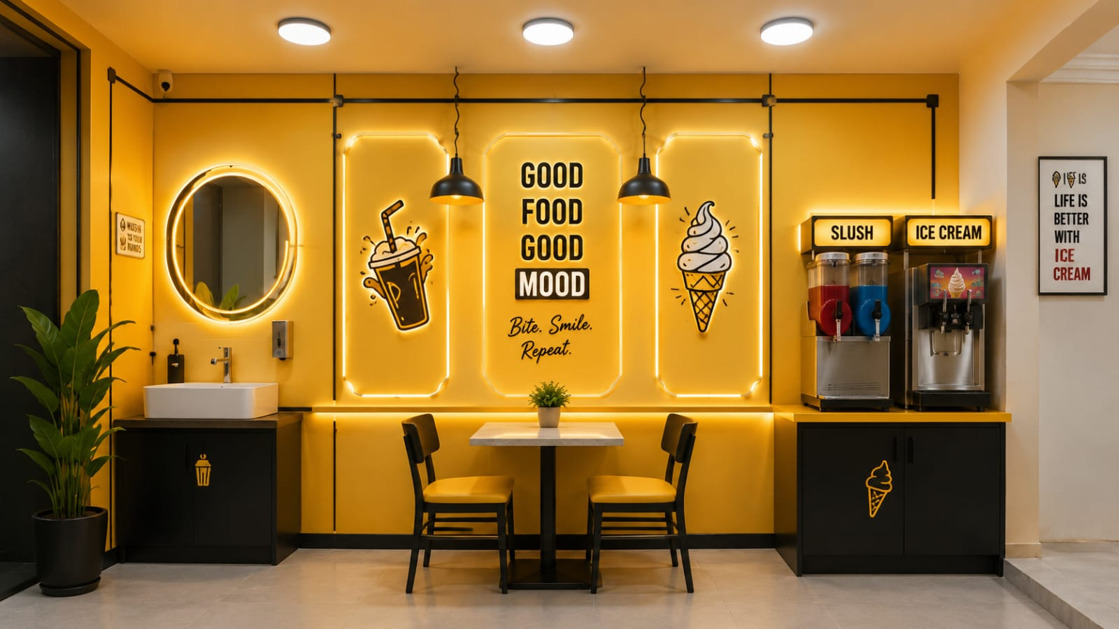 Warm yellow interior of the Dune and Grills restaurant